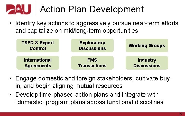 Action Plan Development • Identify key actions to aggressively pursue near-term efforts and capitalize