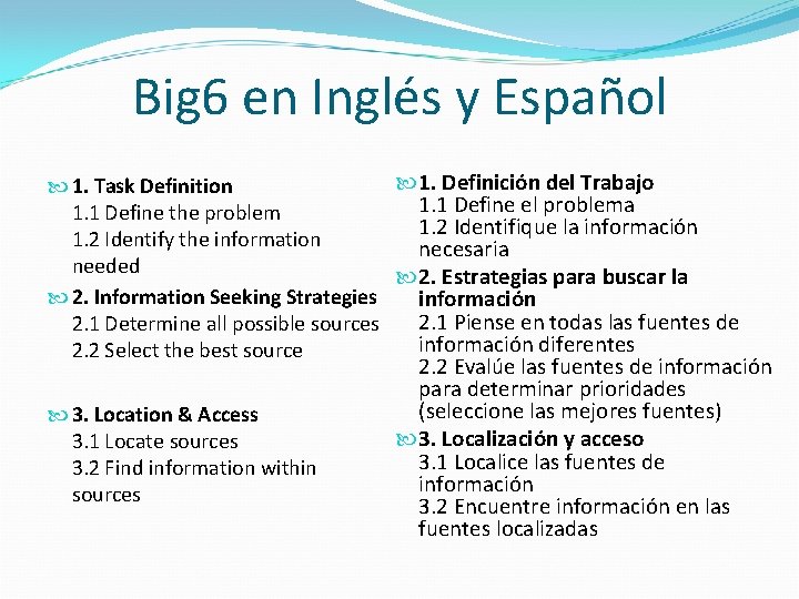 Big 6 en Inglés y Español 1. Definición del Trabajo 1. Task Definition 1.