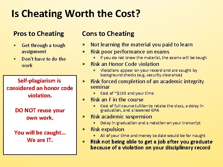 Is Cheating Worth the Cost? Pros to Cheating Cons to Cheating • • Not