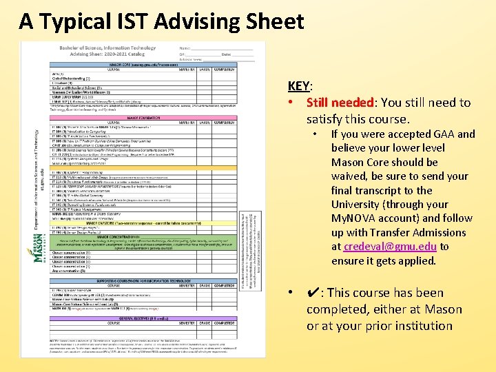 A Typical IST Advising Sheet KEY: • Still needed: You still need to satisfy