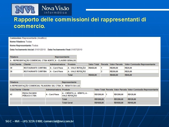 Rapporto delle commissioni dei rappresentanti di commercio. SGC – NVi – (41) 3224 -5180;