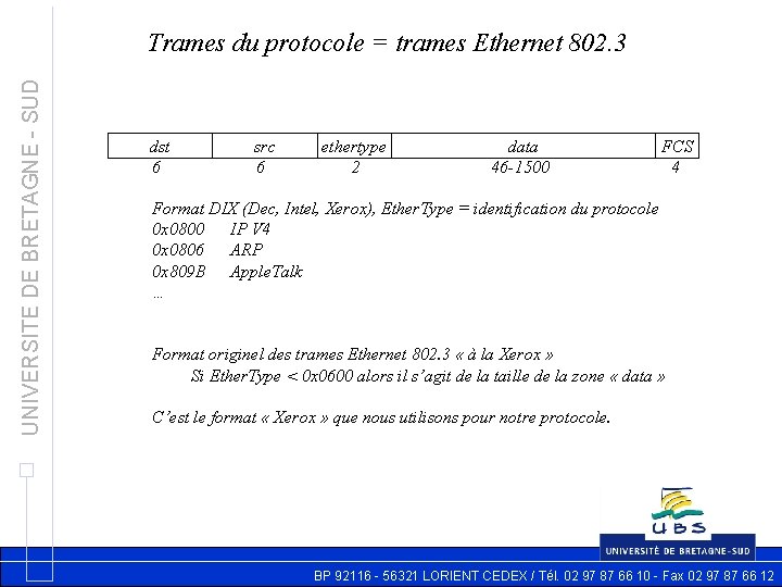 UNIVERSITE DE BRETAGNE - SUD Trames du protocole = trames Ethernet 802. 3 dst