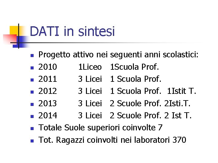 DATI in sintesi n n n n Progetto attivo nei seguenti anni scolastici: 2010