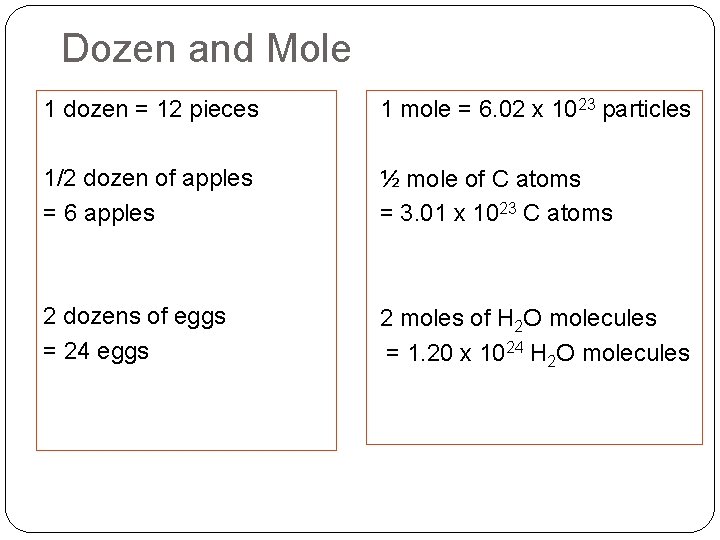 Dozen and Mole 1 dozen = 12 pieces 1 mole = 6. 02 x