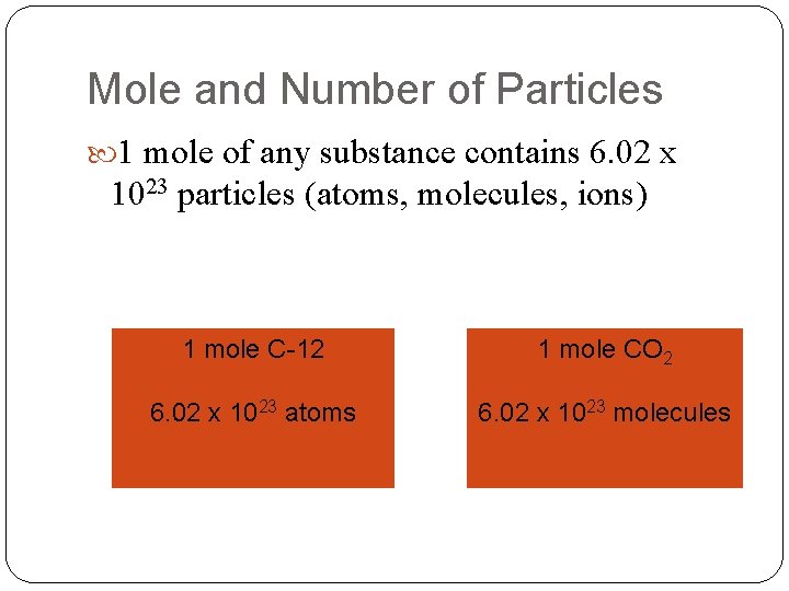 Mole and Number of Particles 1 mole of any substance contains 6. 02 x