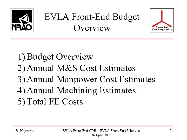 EVLA Front-End Budget Overview 1) Budget Overview 2) Annual M&S Cost Estimates 3) Annual