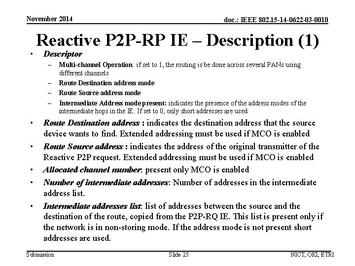 November 2014 • Reactive P 2 P-RP IE – Description (1) Descriptor – –