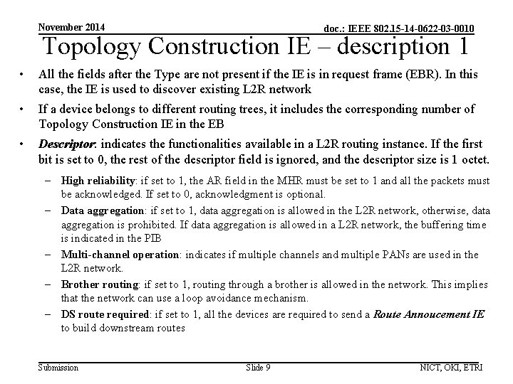 November 2014 doc. : IEEE 802. 15 -14 -0622 -03 -0010 Topology Construction IE