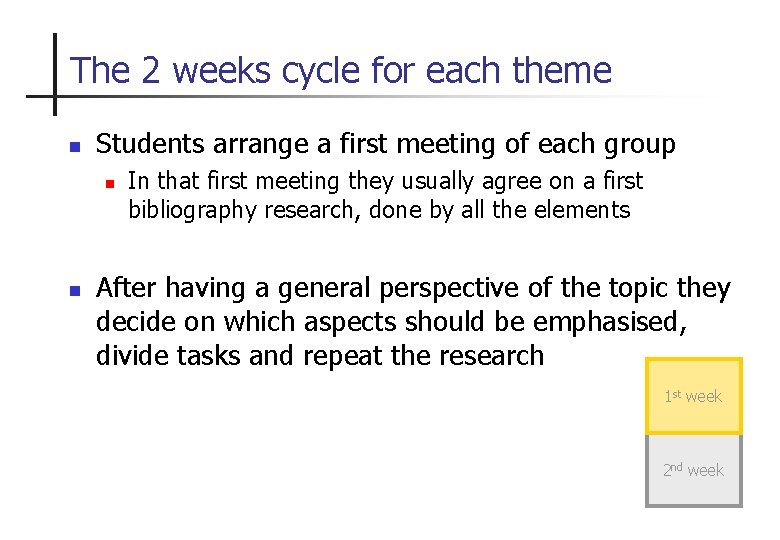 The 2 weeks cycle for each theme n Students arrange a first meeting of