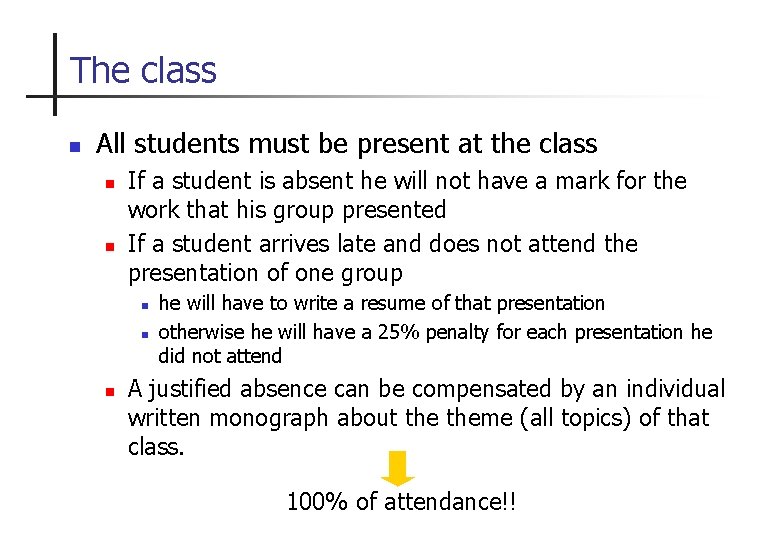 The class n All students must be present at the class n n If