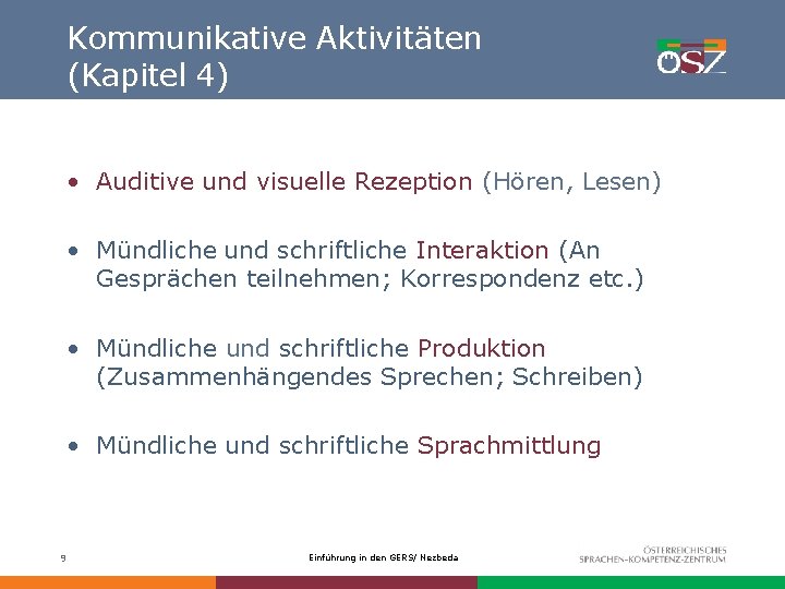 Kommunikative Aktivitäten (Kapitel 4) • Auditive und visuelle Rezeption (Hören, Lesen) • Mündliche und