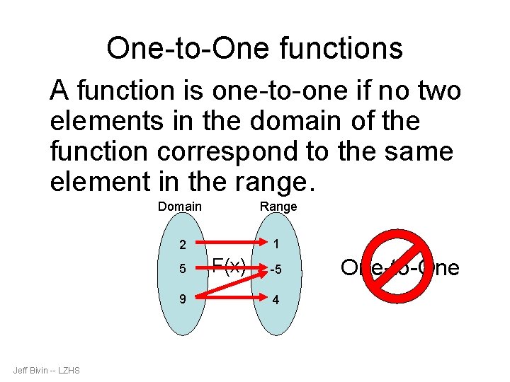 One-to-One functions • A function is one-to-one if no two elements in the domain