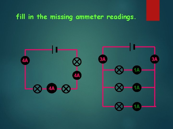 fill in the missing ammeter readings. 3 A ? 4 A ? 3 A