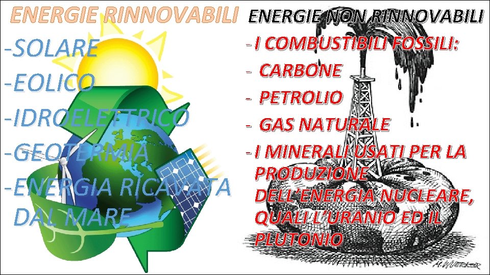 ENERGIE RINNOVABILI ENERGIE NON RINNOVABILI -SOLARE -EOLICO -IDROELETTRICO -GEOTERMIA -ENERGIA RICAVATA DAL MARE -