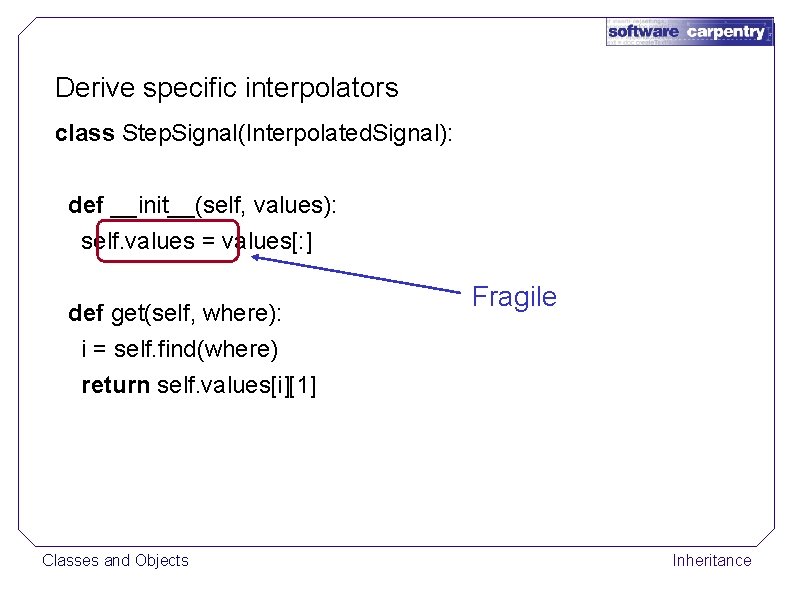 Derive specific interpolators class Step. Signal(Interpolated. Signal): def __init__(self, values): self. values = values[:
