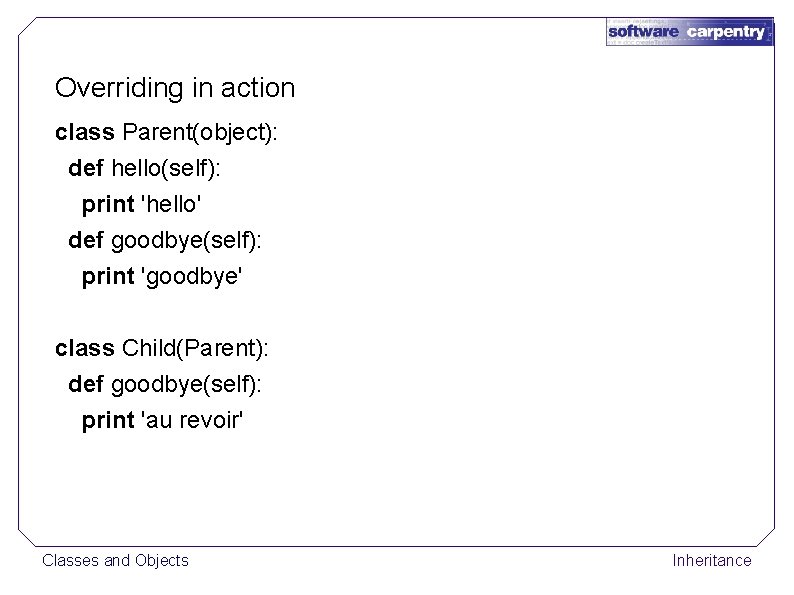 Overriding in action class Parent(object): def hello(self): print 'hello' def goodbye(self): print 'goodbye' class