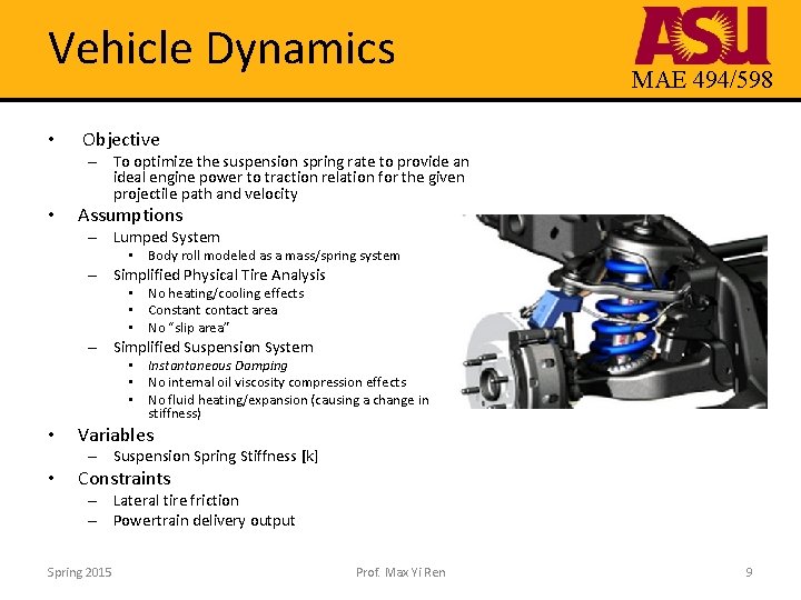 Vehicle Dynamics • MAE 494/598 Objective – To optimize the suspension spring rate to