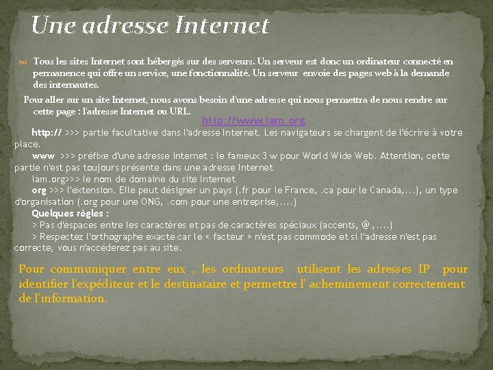 Une adresse Internet Tous les sites Internet sont hébergés sur des serveurs. Un serveur