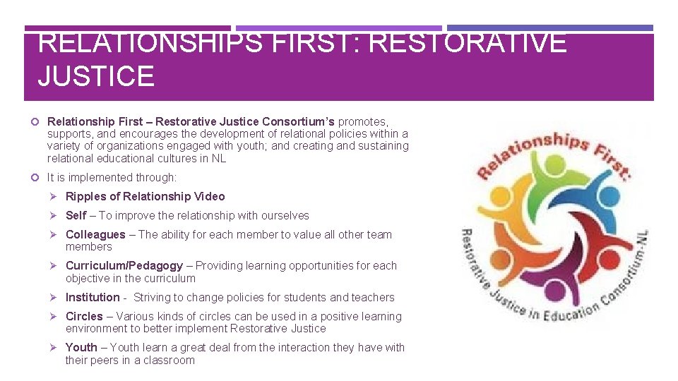 RELATIONSHIPS FIRST: RESTORATIVE JUSTICE Relationship First – Restorative Justice Consortium’s promotes, supports, and encourages