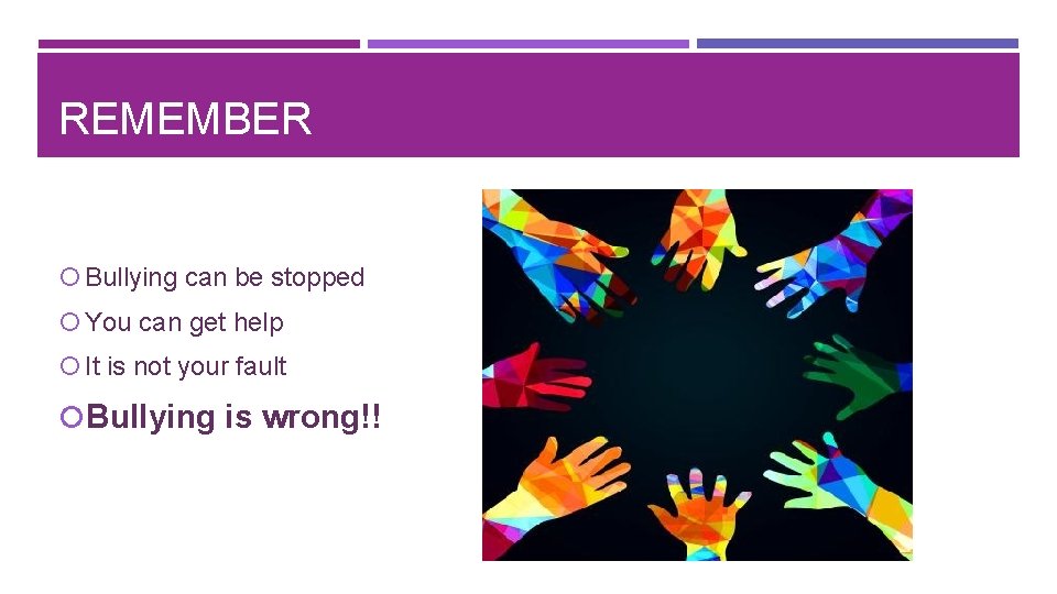 REMEMBER Bullying can be stopped You can get help It is not your fault