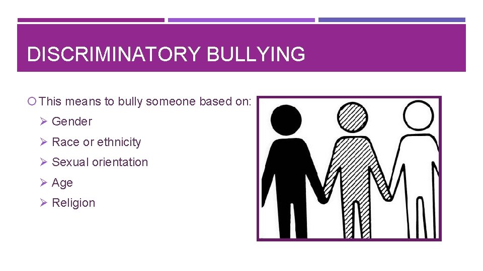 DISCRIMINATORY BULLYING This means to bully someone based on: Ø Gender Ø Race or