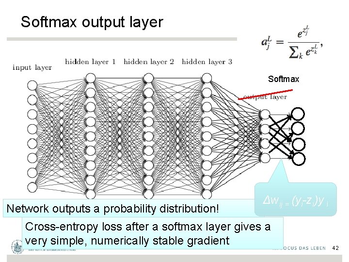 Softmax output layer Softmax Network outputs a probability distribution! Δwij = (yi-zi)y j Cross-entropy