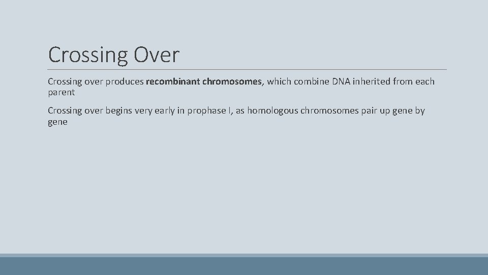 Crossing Over Crossing over produces recombinant chromosomes, which combine DNA inherited from each parent