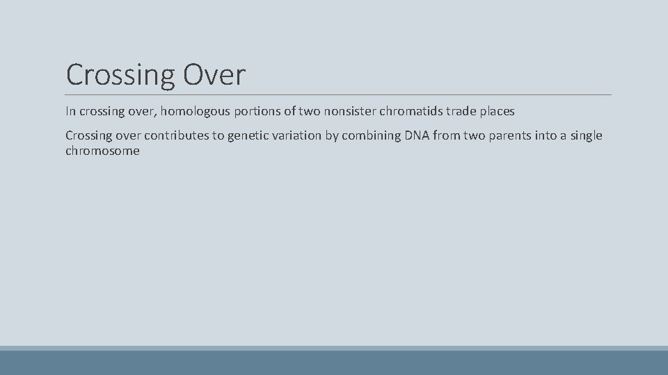 Crossing Over In crossing over, homologous portions of two nonsister chromatids trade places Crossing
