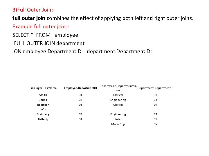 3)Full Outer Join: full outer join combines the effect of applying both left and 3)Full Outer Join: full outer join combines the effect of applying both left and