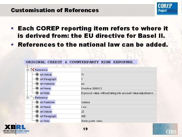 Customisation of References § Each COREP reporting item refers to where it is derived