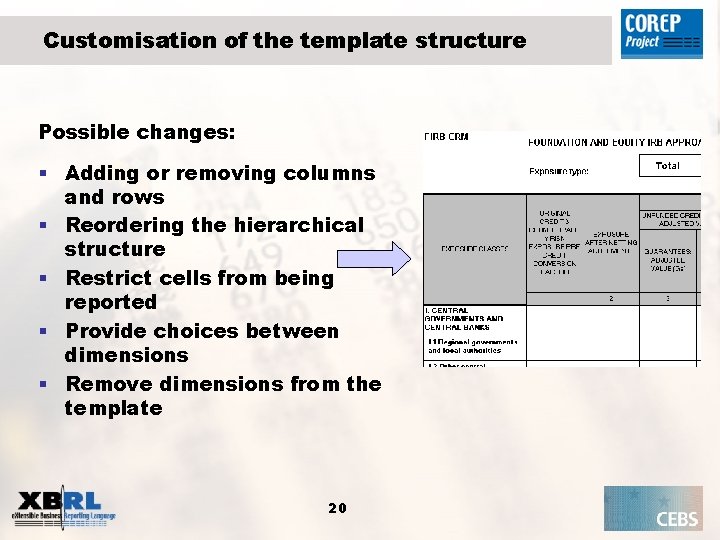 Customisation of the template structure Possible changes: § Adding or removing columns and rows