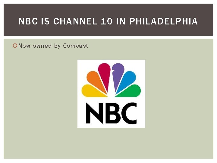 NBC IS CHANNEL 10 IN PHILADELPHIA Now owned by Comcast 