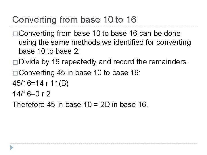 Converting from base 10 to 16 � Converting from base 10 to base 16