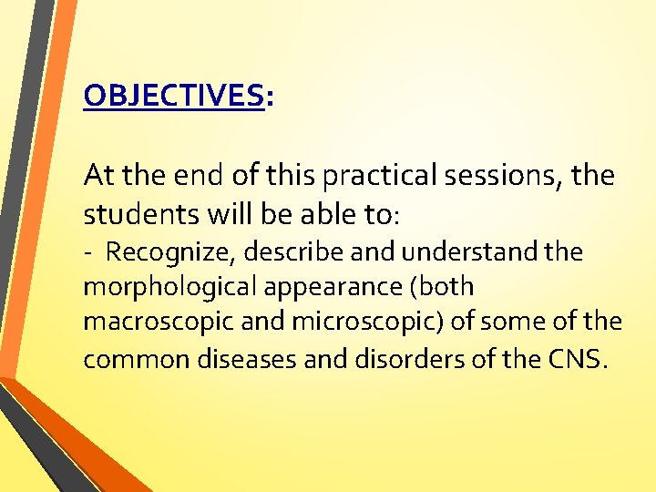 OBJECTIVES: At the end of this practical sessions, the students will be able to: