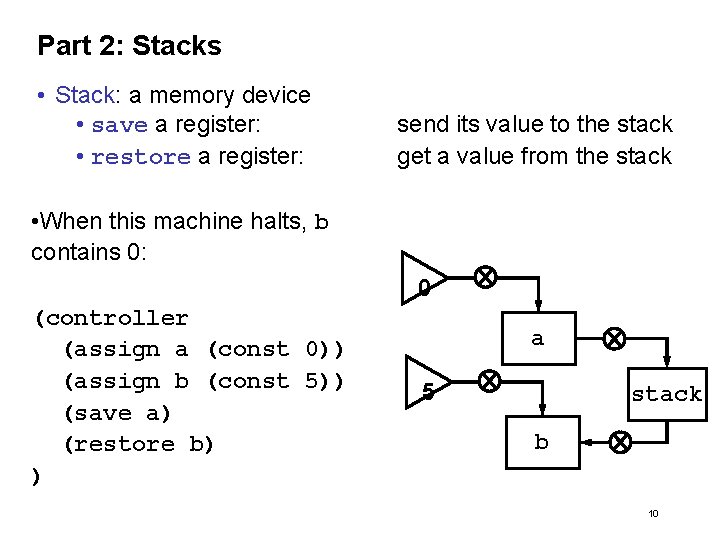 Part 2: Stacks • Stack: a memory device • save a register: • restore