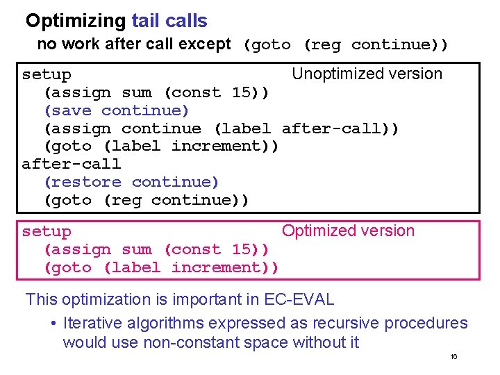 Optimizing tail calls no work after call except (goto (reg continue)) setup Unoptimized version