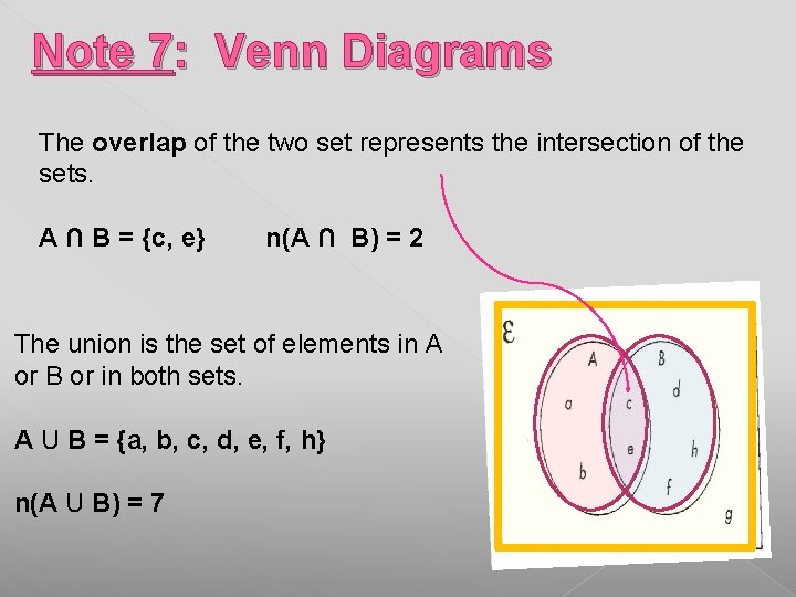 Note 7: Venn Diagrams The overlap of the two set represents the intersection of Note 7: Venn Diagrams The overlap of the two set represents the intersection of