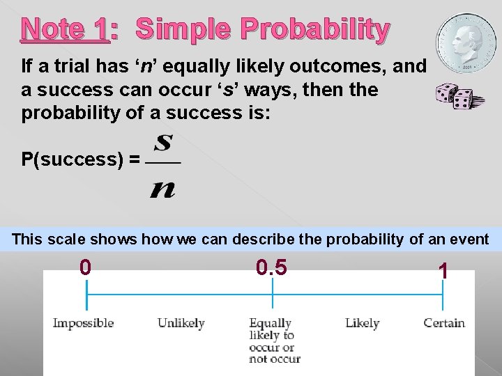 Note 1: Simple Probability If a trial has ‘n’ equally likely outcomes, and a Note 1: Simple Probability If a trial has ‘n’ equally likely outcomes, and a