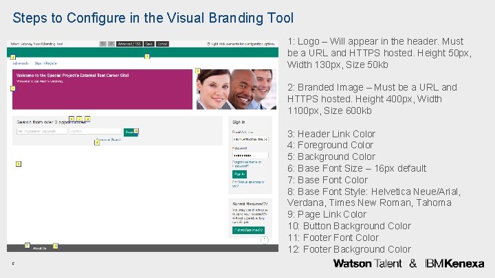 Steps to Configure in the Visual Branding Tool 1: Logo – Will appear in