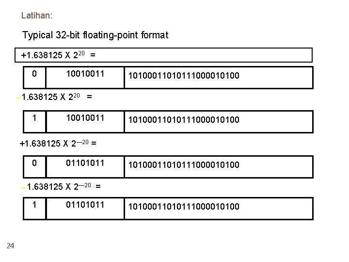 Latihan: Typical 32 -bit floating-point format +1. 638125 X 220 = 0 10010011 10100011010111000010100