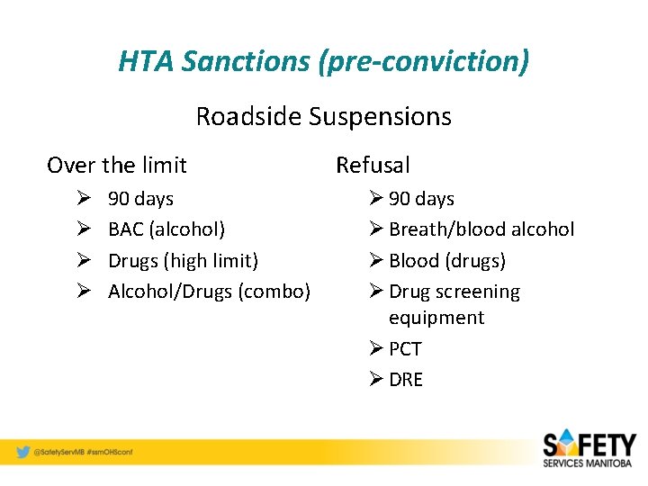 HTA Sanctions (pre-conviction) Roadside Suspensions Over the limit Ø Ø 90 days BAC (alcohol)
