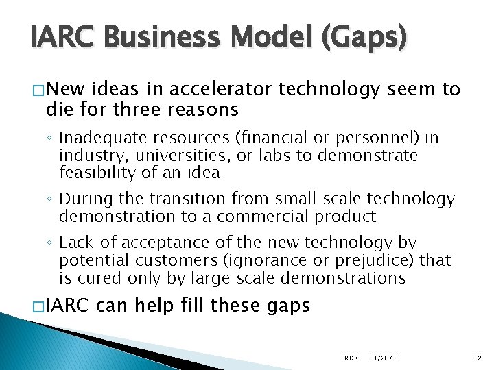IARC Business Model (Gaps) � New ideas in accelerator technology seem to die for