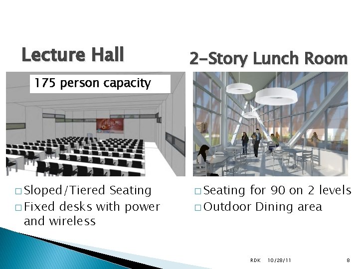 Lecture Hall 2 -Story Lunch Room 175 person capacity � Sloped/Tiered Seating � Fixed