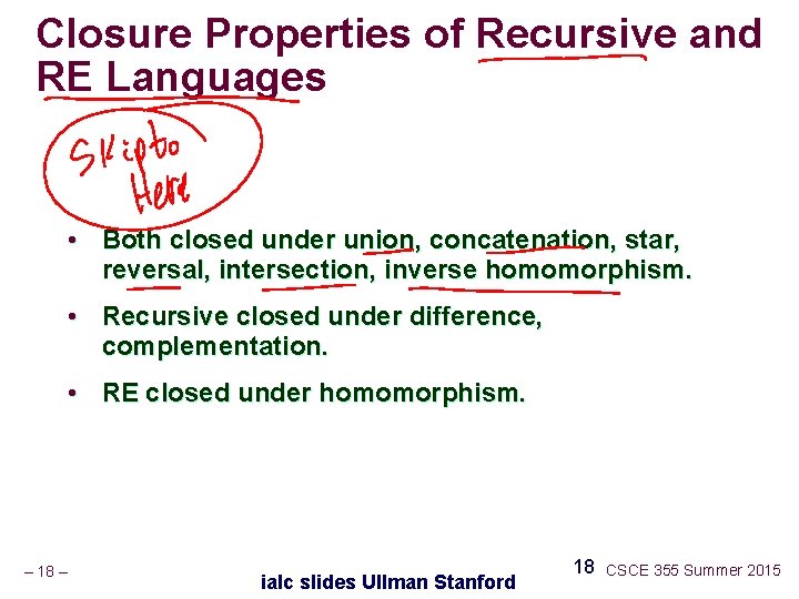 Closure Properties of Recursive and RE Languages • Both closed under union, concatenation, star,