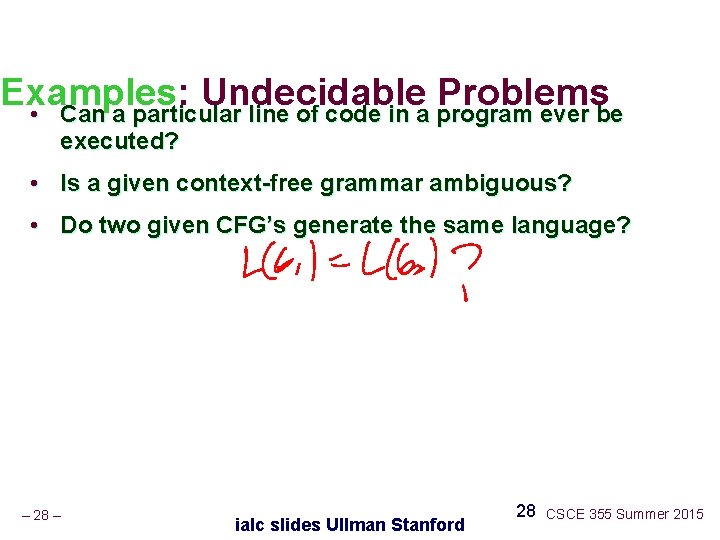 Examples: Undecidable Problems • Can a particular line of code in a program ever