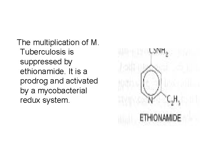 The multiplication of M. Tuberculosis is suppressed by ethionamide. It is a prodrog and