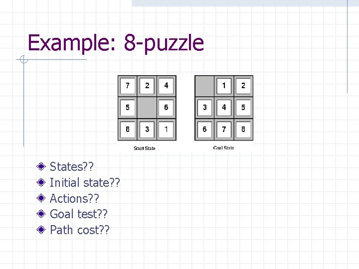 Example: 8 -puzzle States? ? Initial state? ? Actions? ? Goal test? ? Path