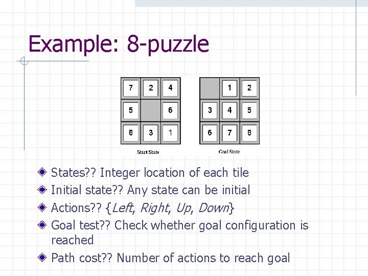 Example: 8 -puzzle States? ? Integer location of each tile Initial state? ? Any