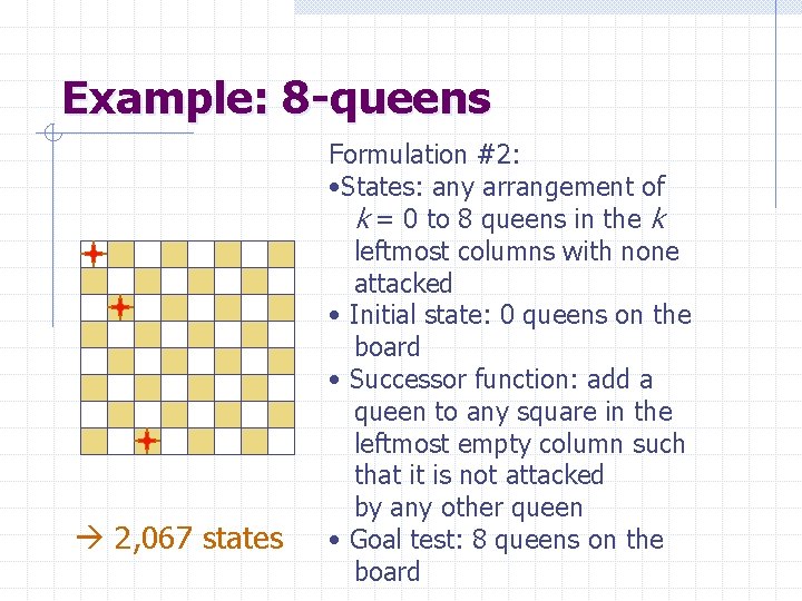 Example: 8 -queens 2, 067 states Formulation #2: • States: any arrangement of k