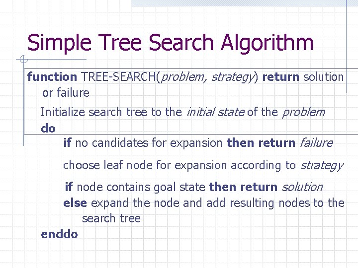 Simple Tree Search Algorithm function TREE-SEARCH(problem, strategy) return solution or failure Initialize search tree
